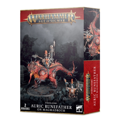 Cheap Miniatures Fyreslayers Auric Runefather on Magmadroth from Games Workshop